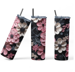 Pink and Black 3D Flowers 20 oz Skinny Tumbler Wrap Sublimation Design Straight Tumbler Wrap 3D Floral Tumbler Wrap Design PNG